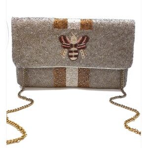 JACKIE Z STYLE CO. Two Tone Bee Beaded Gold Silver & White Clutch